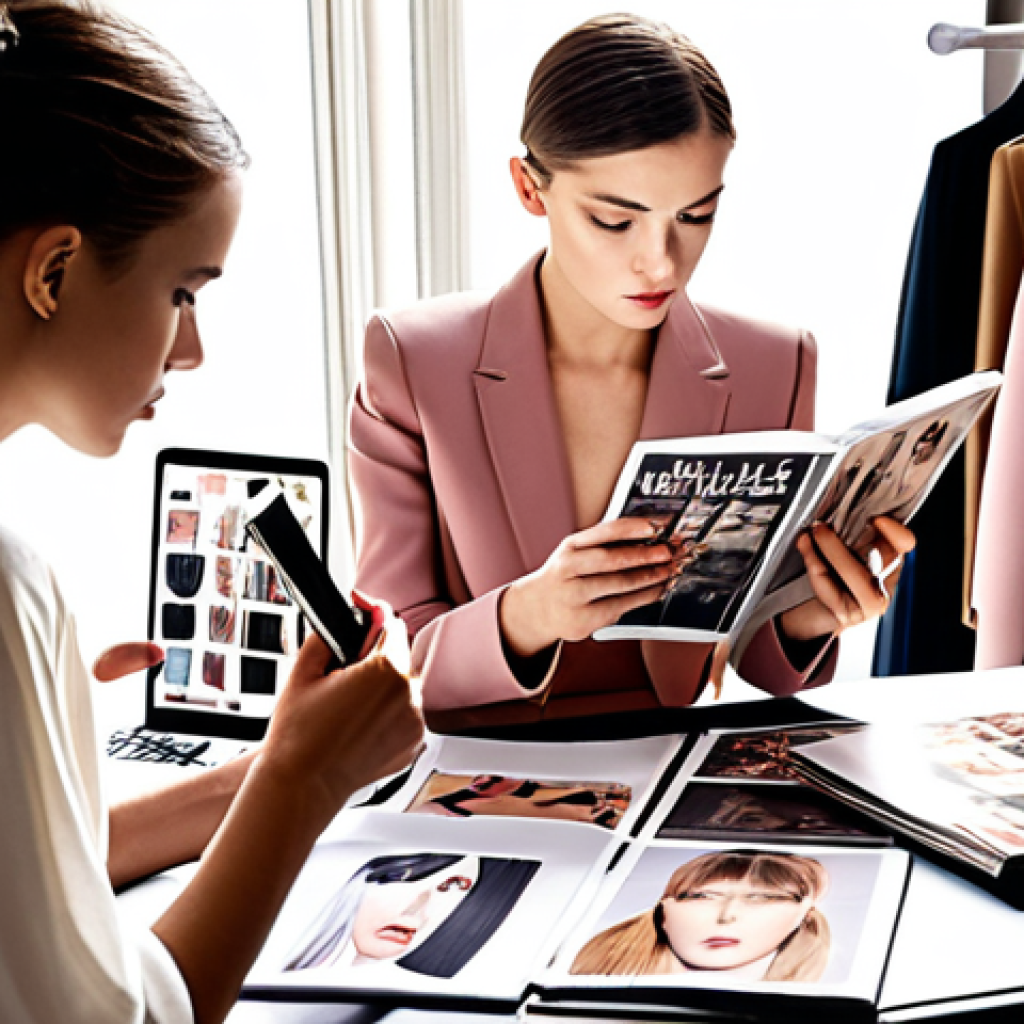 **A Parisian fashion coordinator meticulously analyzing trend reports and fabric swatches in a chic, sunlit studio, surrounded by fashion magazines and digital devices displaying runway shows. The scene should convey a sense of focused creativity and trend forecasting.**