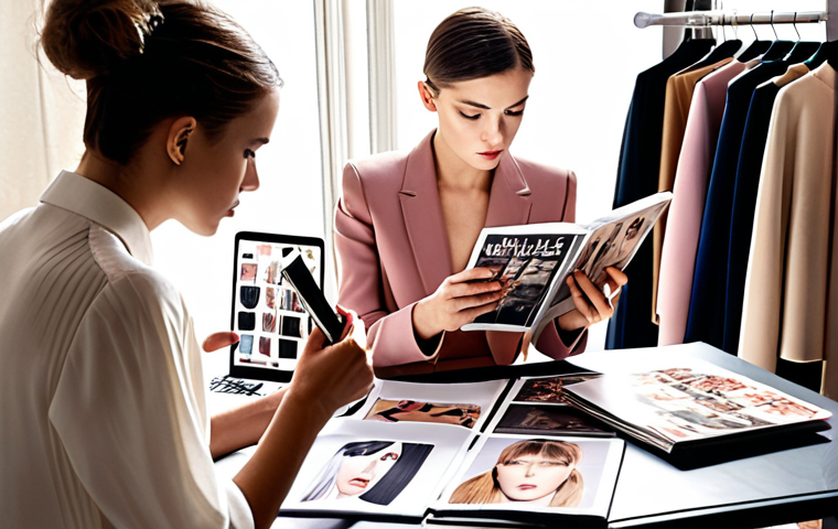 **A Parisian fashion coordinator meticulously analyzing trend reports and fabric swatches in a chic, sunlit studio, surrounded by fashion magazines and digital devices displaying runway shows. The scene should convey a sense of focused creativity and trend forecasting.**