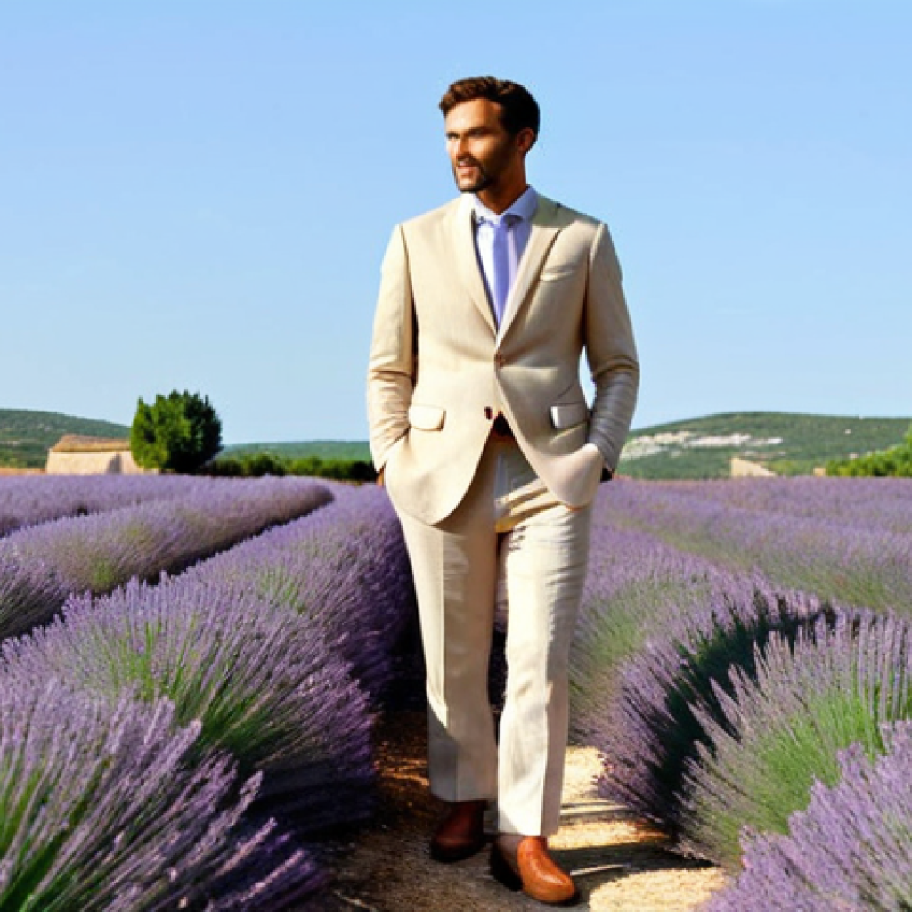 **

A well-dressed man, fully clothed in a tailored beige linen suit, appropriate attire for a summer wedding in Provence. He stands confidently in a sun-drenched lavender field, wearing brown leather loafers and a light blue shirt. Safe for work, perfect anatomy, natural pose, professional, modest, family-friendly, appropriate content. The scene evokes a sense of relaxed elegance and French countryside charm. High quality photography, well-formed hands, proper finger count, natural body proportions.

**