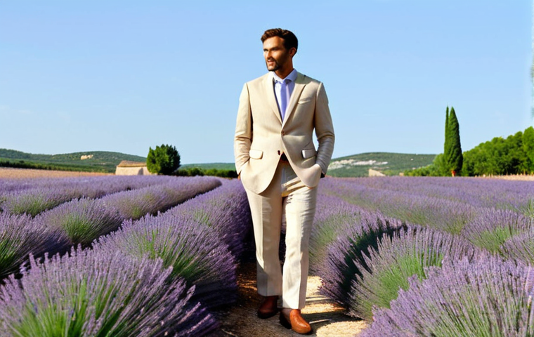 **

A well-dressed man, fully clothed in a tailored beige linen suit, appropriate attire for a summer wedding in Provence. He stands confidently in a sun-drenched lavender field, wearing brown leather loafers and a light blue shirt. Safe for work, perfect anatomy, natural pose, professional, modest, family-friendly, appropriate content. The scene evokes a sense of relaxed elegance and French countryside charm. High quality photography, well-formed hands, proper finger count, natural body proportions.

**