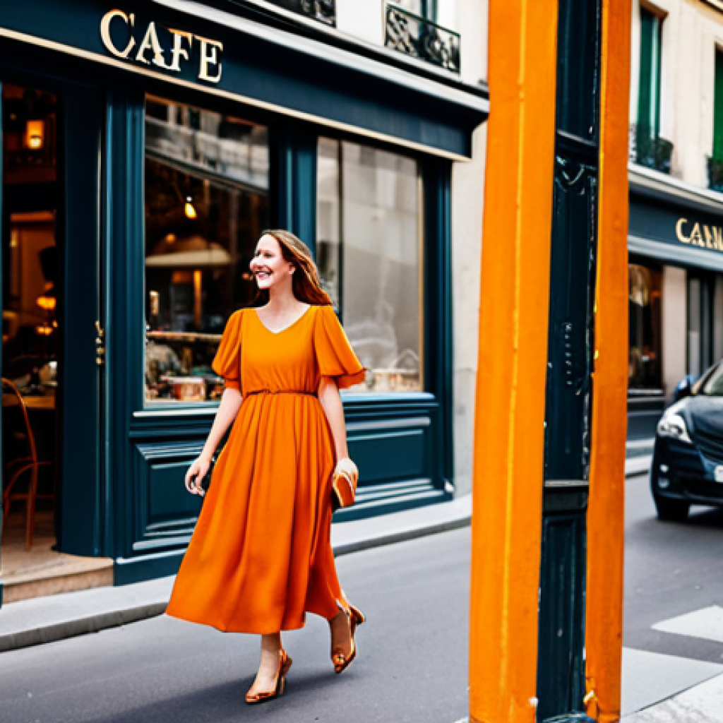 Vibrant Orange Fashion**

"A stylish woman walking down a Parisian street, wearing a flowing orange dress, fully clothed, appropriate attire, safe for work, perfect anatomy, natural proportions, professional photography, high quality. Background: a charming Parisian cafe.  The dress is modest and chic. The woman is smiling gently. Family-friendly. A professional-looking advertisement for a French fashion brand."

**