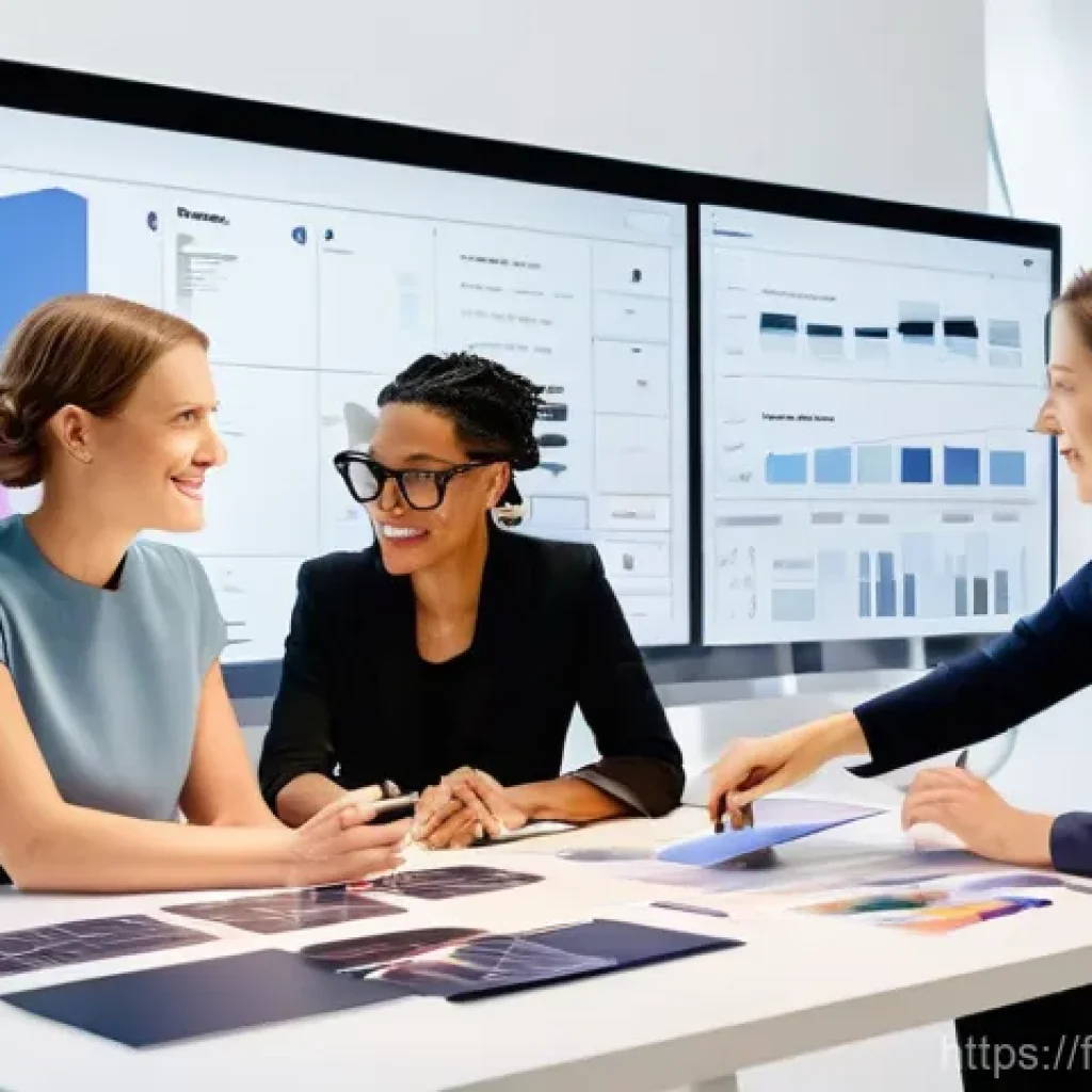 패션 코디네이터 필수 도구 - **Digital Fashion Project Collaboration:** A diverse team of fashion professionals, including a styl...