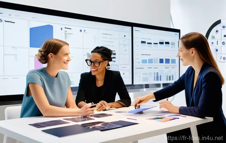 패션 코디네이터 필수 도구 - **Digital Fashion Project Collaboration:** A diverse team of fashion professionals, including a styl...