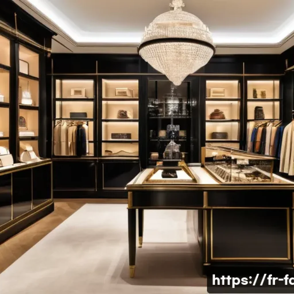 패션 코디네이터의 명품 브랜드 분석 - A sophisticated luxury boutique interior in Paris, showcasing iconic fashion houses like Chanel, Her...