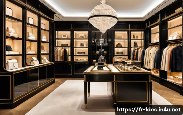 패션 코디네이터의 명품 브랜드 분석 - A sophisticated luxury boutique interior in Paris, showcasing iconic fashion houses like Chanel, Her...