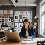 Home 21 패션 코디네이터로 빠르게 자리 잡는 법 - A professional fashion coordinator in a stylish Parisian loft office, surrounded by moodboards, fabr...