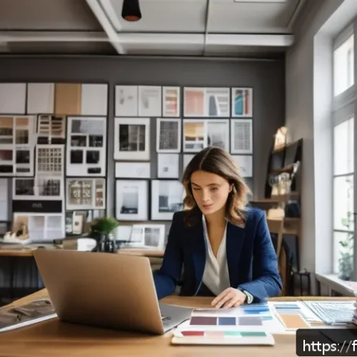 Home 33 패션 코디네이터로 빠르게 자리 잡는 법 - A professional fashion coordinator in a stylish Parisian loft office, surrounded by moodboards, fabr...