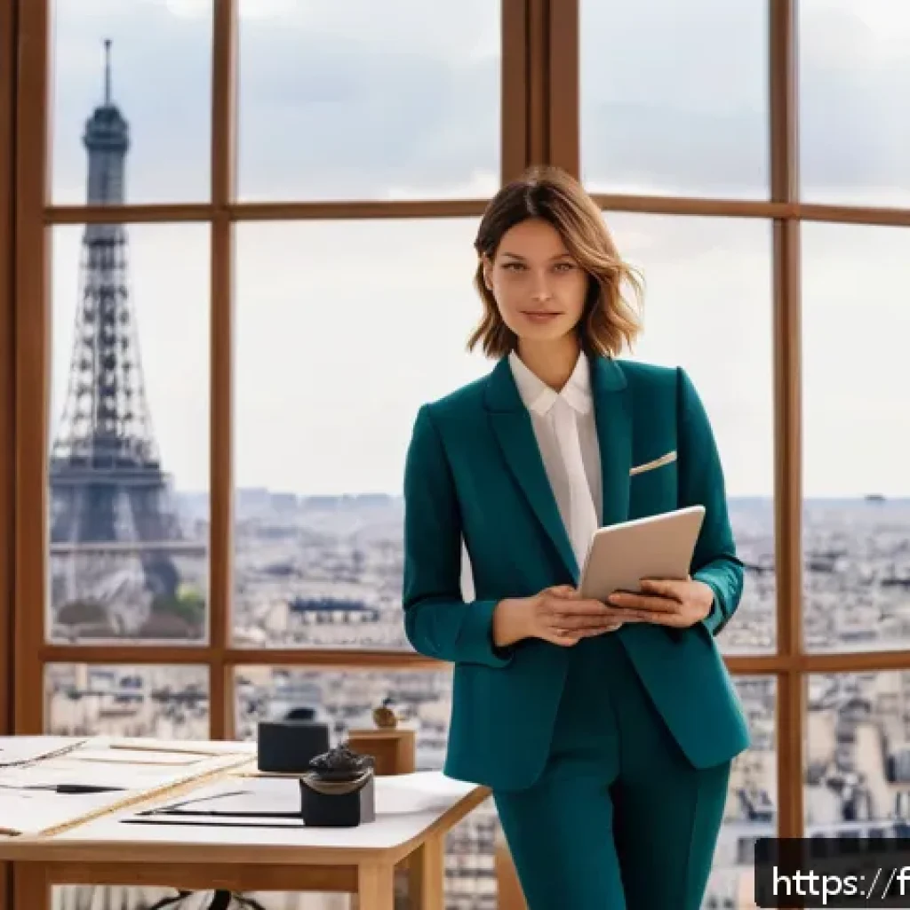 패션 코디네이터 국제 자격증 정보 - A stylish French fashion coordinator in a modern Parisian studio, surrounded by mood boards and fabr...