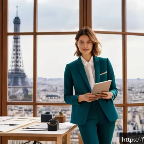 Home 32 패션 코디네이터 국제 자격증 정보 - A stylish French fashion coordinator in a modern Parisian studio, surrounded by mood boards and fabr...