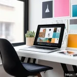 Home 19 패션 코디네이터 추천 온라인 강의 - A modern fashion coordinator workspace featuring a sleek laptop displaying Adobe Illustrator and Pho...