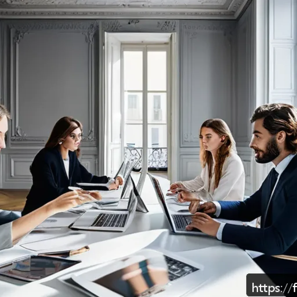패션 코디네이터의 필수 자격증 - A dynamic fashion project meeting scene set in a stylish Parisian office, featuring a diverse team o...