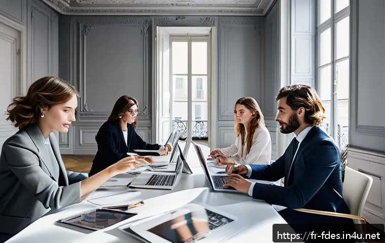패션 코디네이터의 필수 자격증 - A dynamic fashion project meeting scene set in a stylish Parisian office, featuring a diverse team o...