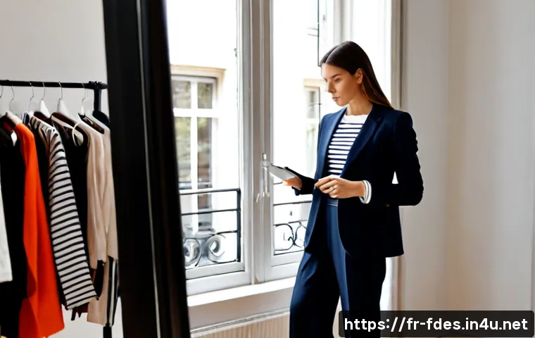 패션 코디네이터와 의류 리폼 아이디어 - Photorealistic French fashion coordinator in a bright Parisian-style atelier, carefully arranging a ...