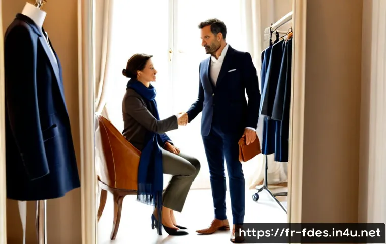 패션 코디네이터의 창의적 고객 맞춤형 코디 - Photorealistic fashion coordinator in a refined Paris atelier, warmly consulting with a mature Frenc...